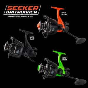 Whisker Seeker Tackle | Seeker Baitrunner Reel | Blaze Orange, Matte Black, Toxic Green