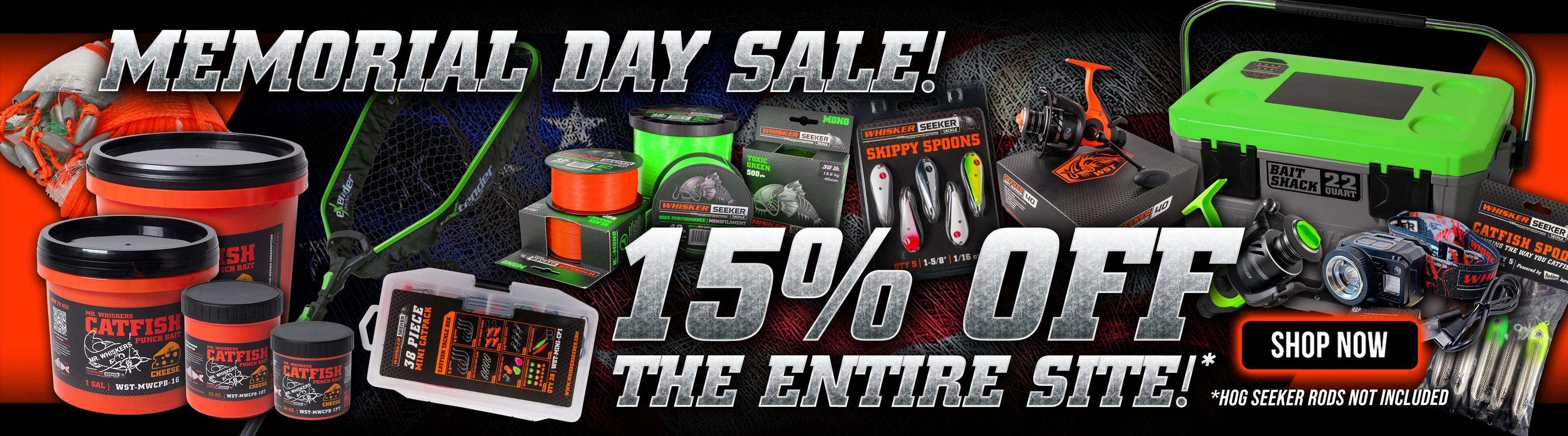 Whisker Seeker Tackle | Memorial Day Sale | Catfish | Rods | Reels | Hooks | Bait