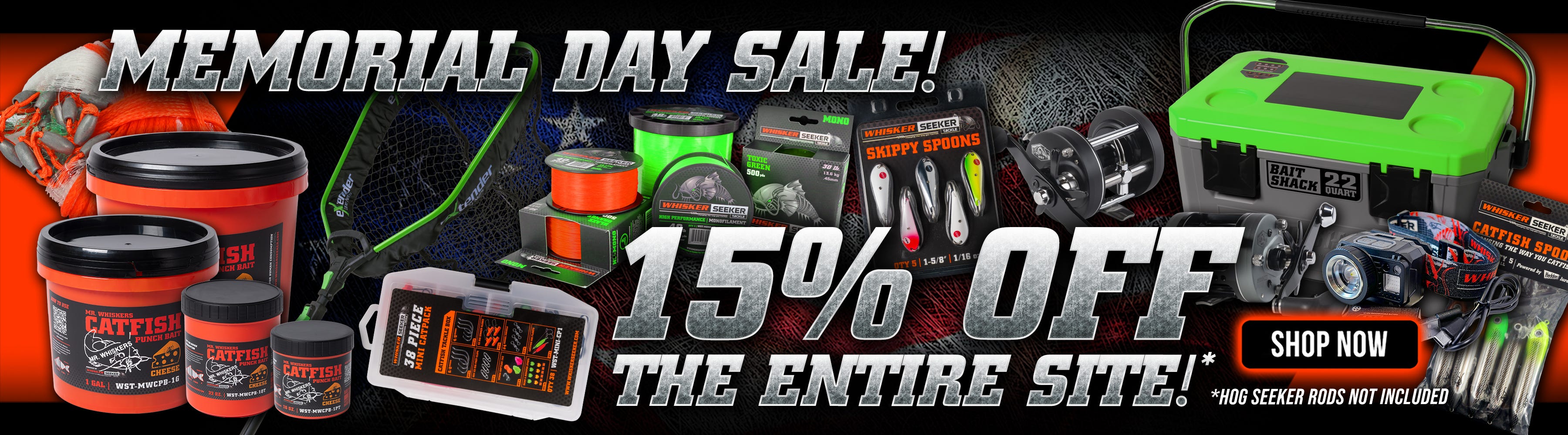 Whisker Seeker Tackle | Memorial Day Sale | Catfish | Rods | Reels | Hooks | Bait 