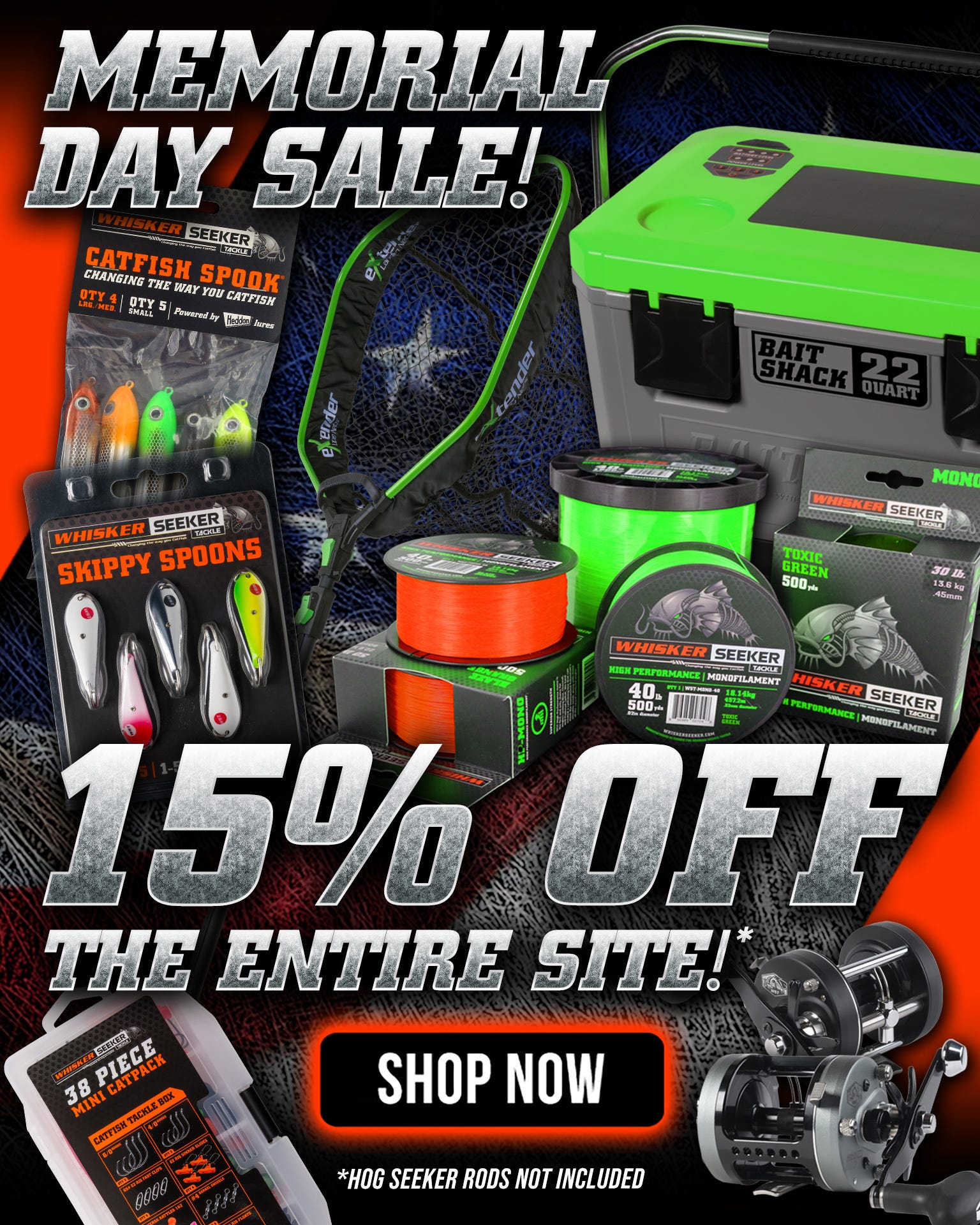 Whisker Seeker Tackle | Memorial Day Sale | Catfish | Rods | Reels | Hooks | Bait 